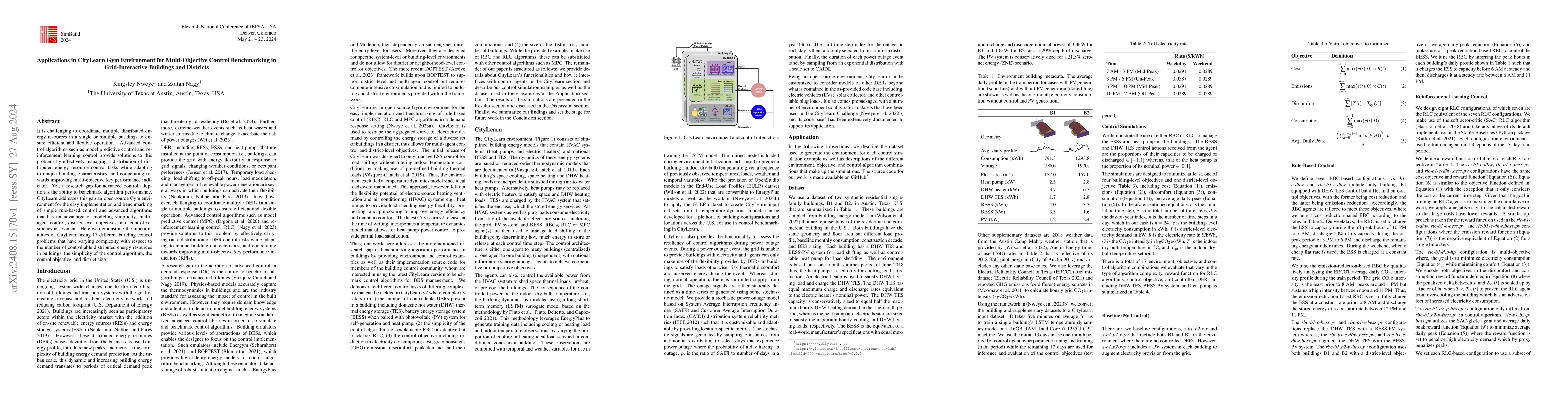 Thumbnail for Applications in CityLearn Gym Environment for Multi-Objective Control
  Benchmarking in Grid-Interactive Buildings and Districts