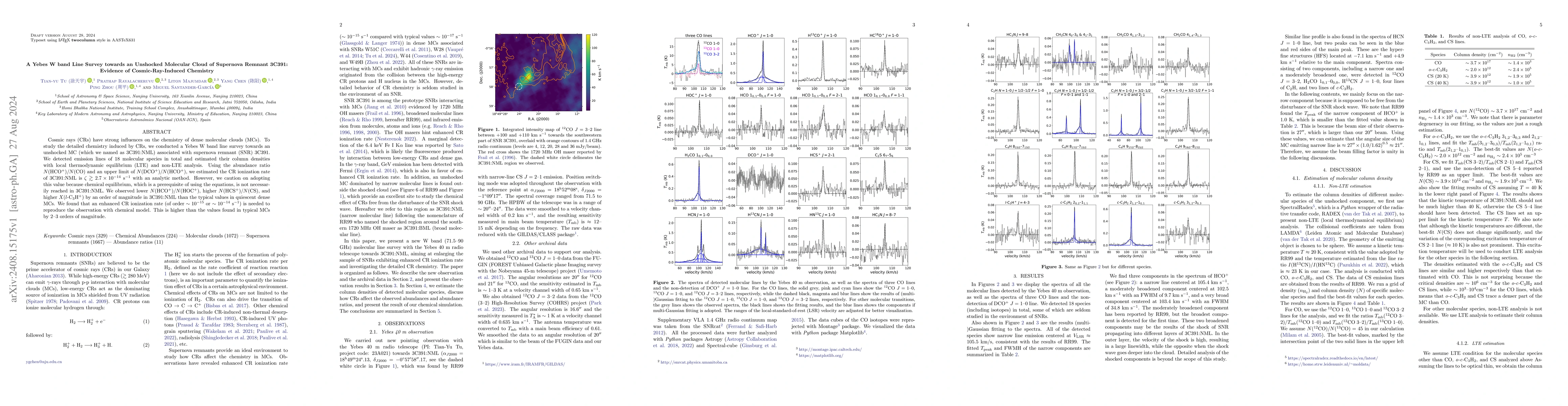 Thumbnail for A Yebes W band Line Survey towards an Unshocked Molecular Cloud of
  Supernova Remnant 3C391: Evidence of Cosmic-Ray-Induced Chemistry
