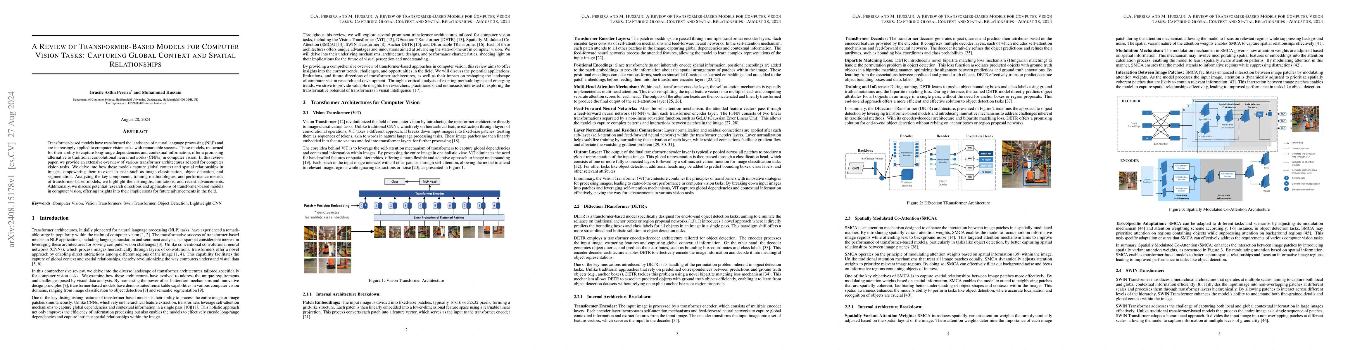 Thumbnail for A Review of Transformer-Based Models for Computer Vision Tasks:
  Capturing Global Context and Spatial Relationships