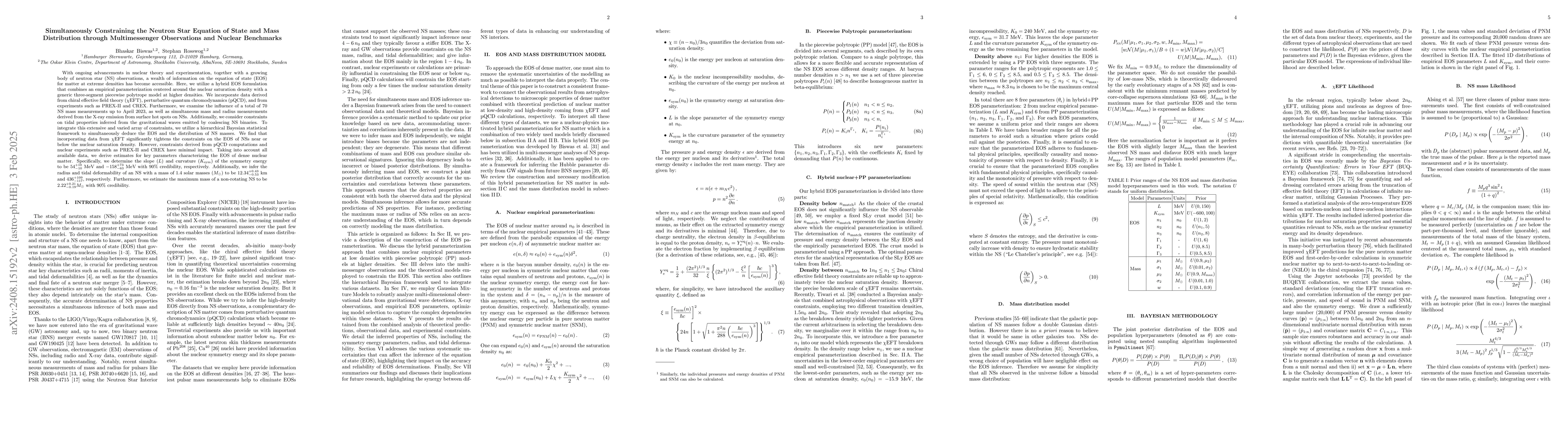 Thumbnail for Simultaneously Constraining the Neutron Star Equation of State and Mass
  Distribution through Multimessenger Observations and Nuclear Benchmarks