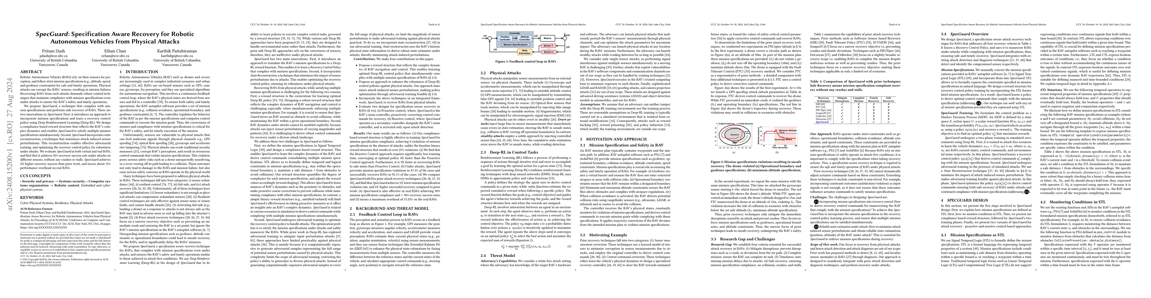 Thumbnail for SpecGuard: Specification Aware Recovery for Robotic Autonomous Vehicles
  from Physical Attacks