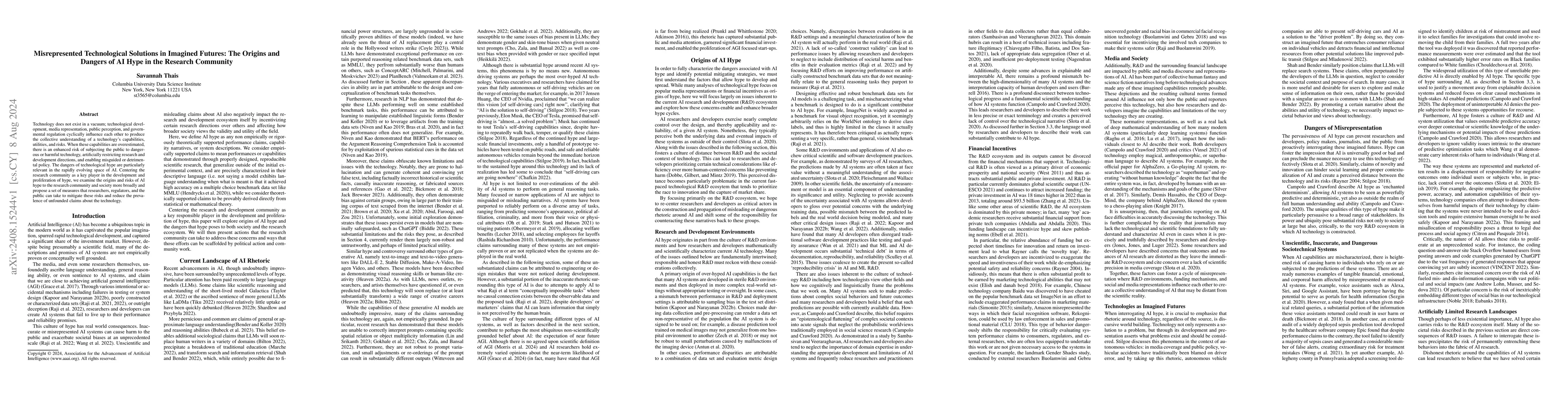 Thumbnail for Misrepresented Technological Solutions in Imagined Futures: The Origins
  and Dangers of AI Hype in the Research Community