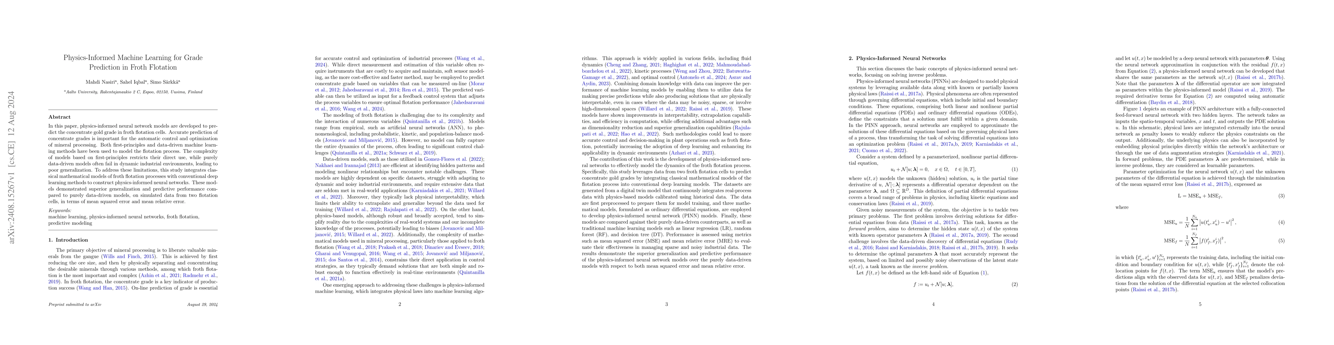 Thumbnail for Physics-Informed Machine Learning for Grade Prediction in Froth
  Flotation