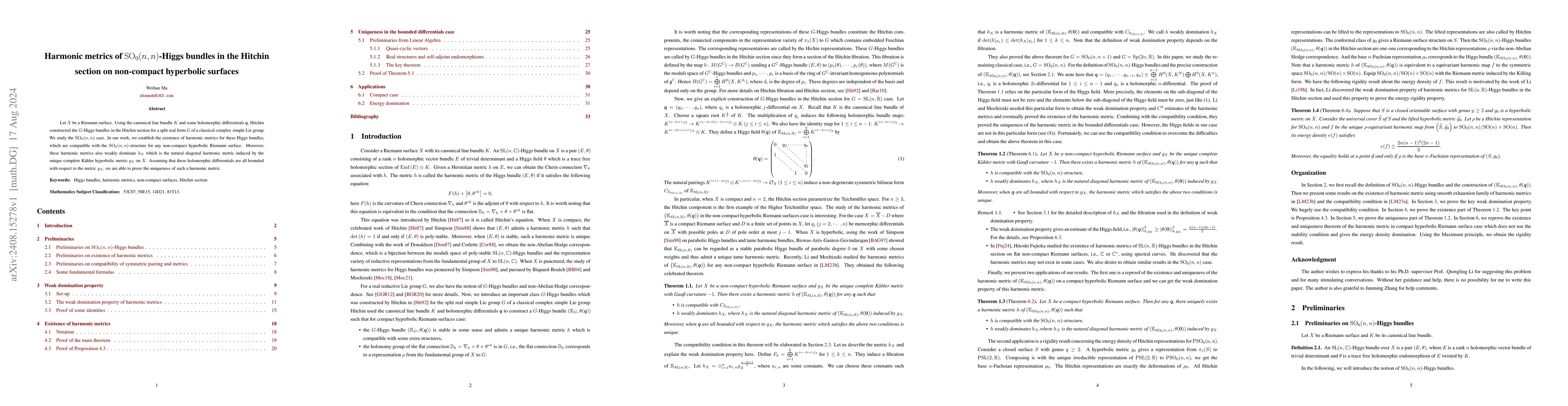 Thumbnail for Harmonic metrics of $\mathrm{SO}_{0}(n,n)$-Higgs bundles in the Hitchin
  section on non-compact hyperbolic surfaces