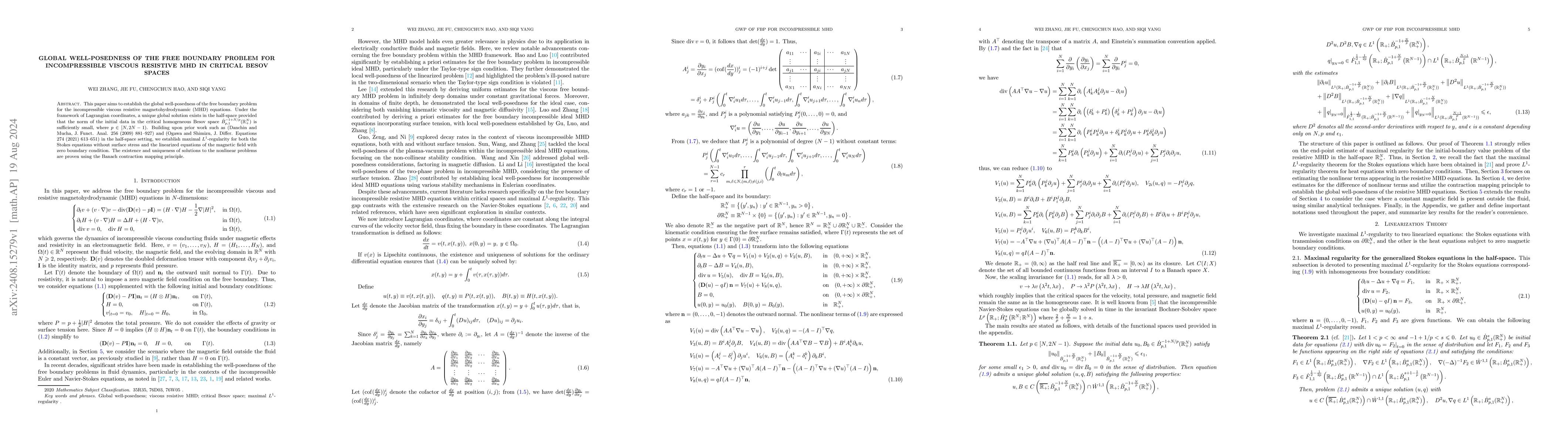 Thumbnail for Global well-posedness of the free boundary problem for incompressible
  viscous resistive MHD in critical Besov spaces