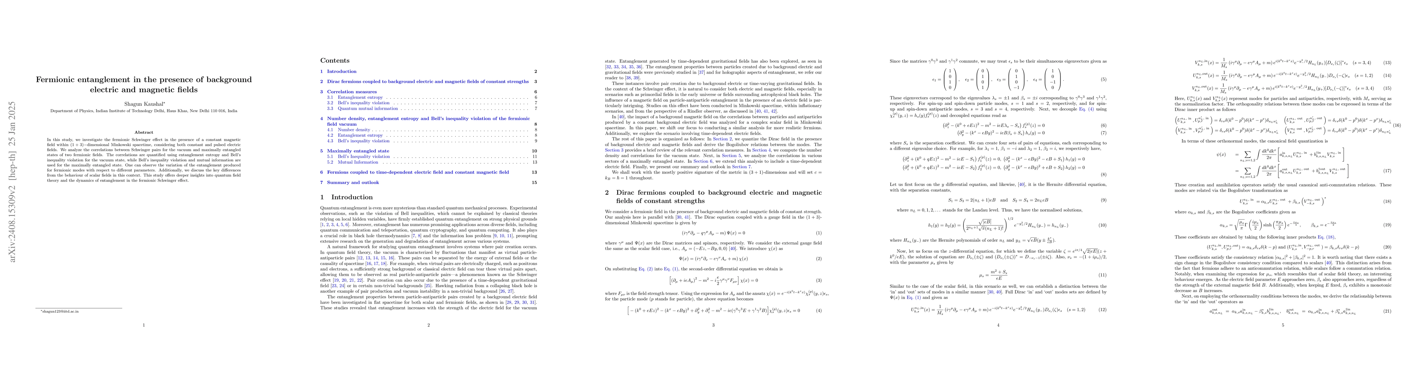 Thumbnail for Fermionic entanglement in the presence of background electric and
  magnetic fields