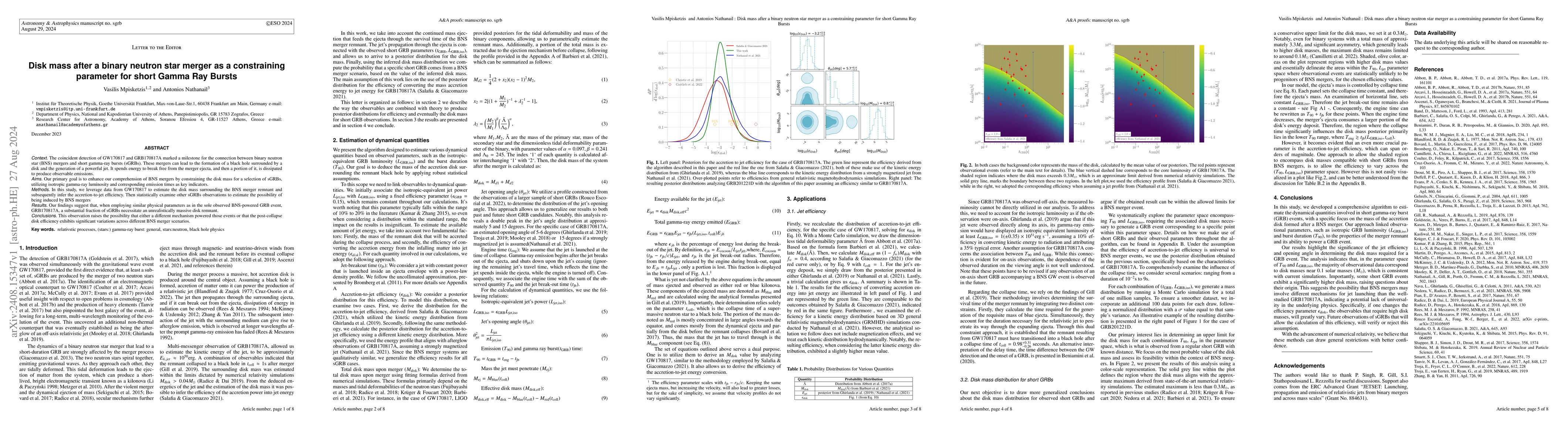 Thumbnail for Disk mass after a binary neutron star merger as a constraining parameter
  for short Gamma Ray Bursts