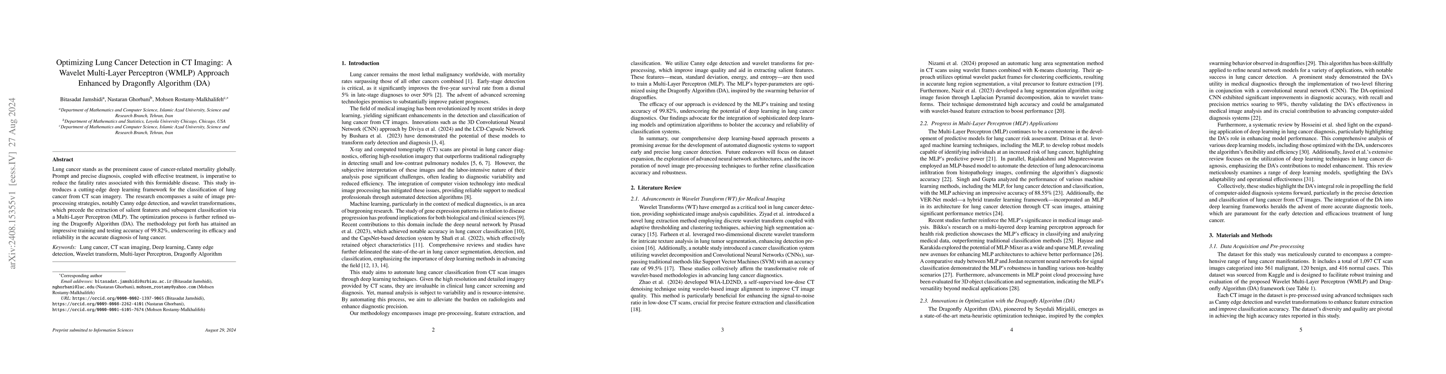Thumbnail for Optimizing Lung Cancer Detection in CT Imaging: A Wavelet Multi-Layer
  Perceptron (WMLP) Approach Enhanced by Dragonfly Algorithm (DA)