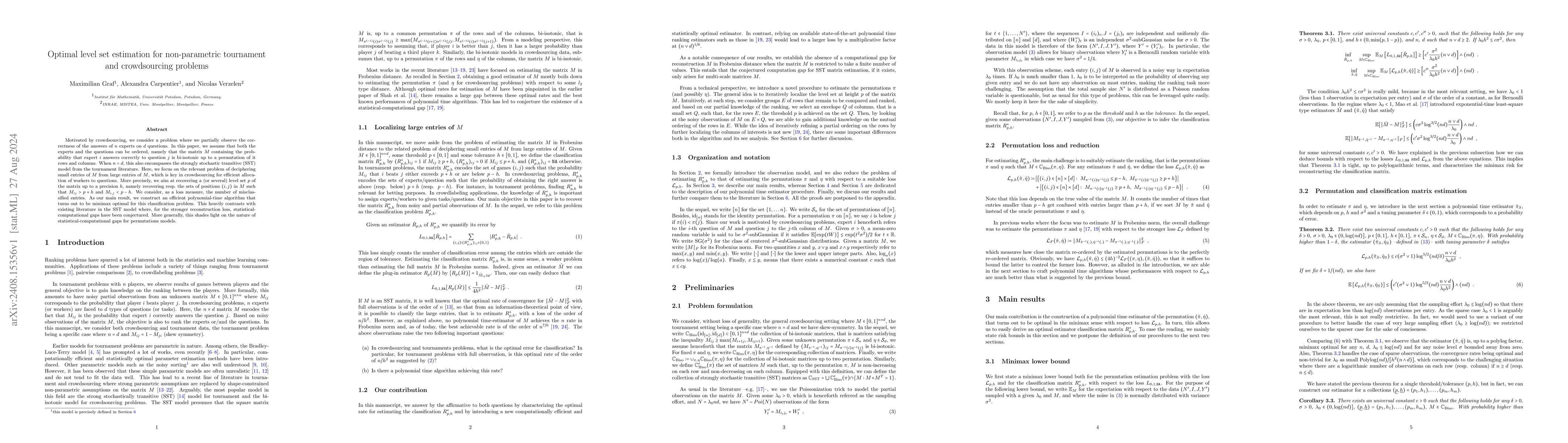 Thumbnail for Optimal level set estimation for non-parametric tournament and
  crowdsourcing problems