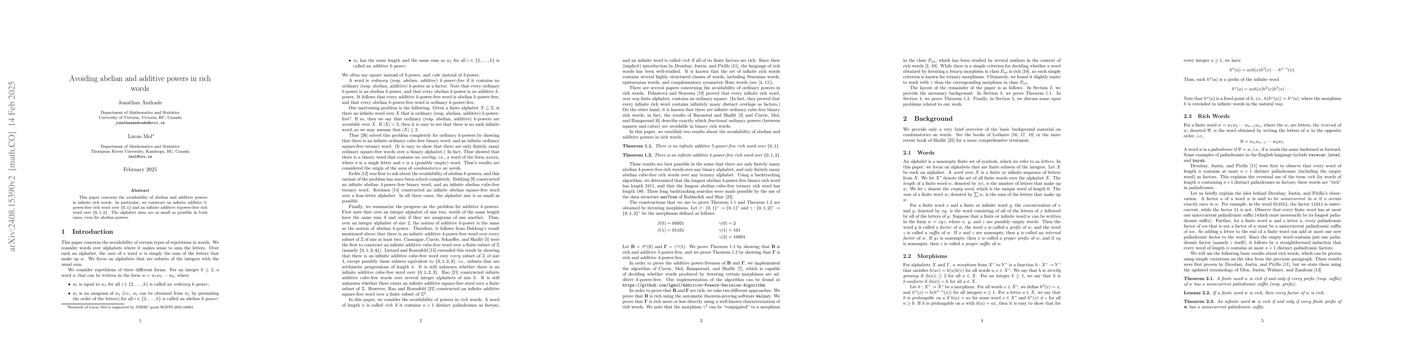 Thumbnail for Avoiding abelian and additive powers in rich words