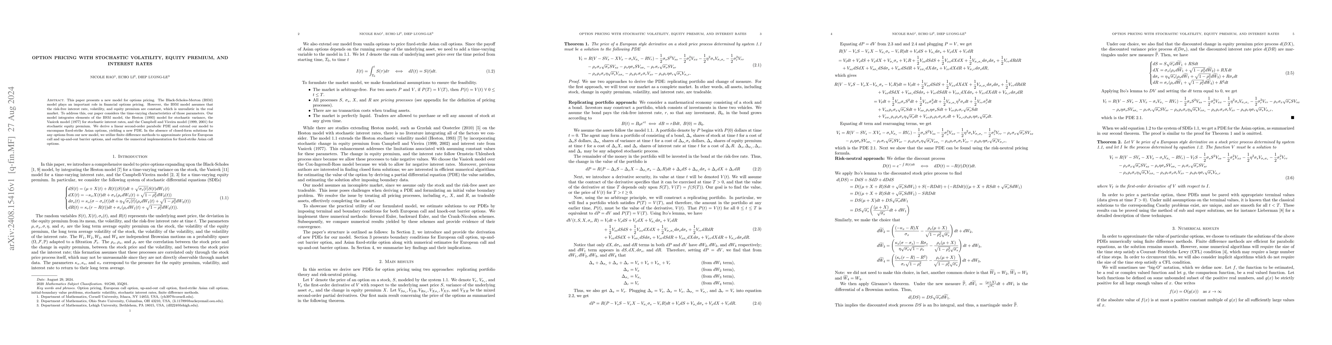 Thumbnail for Option Pricing with Stochastic Volatility, Equity Premium, and Interest
  Rates