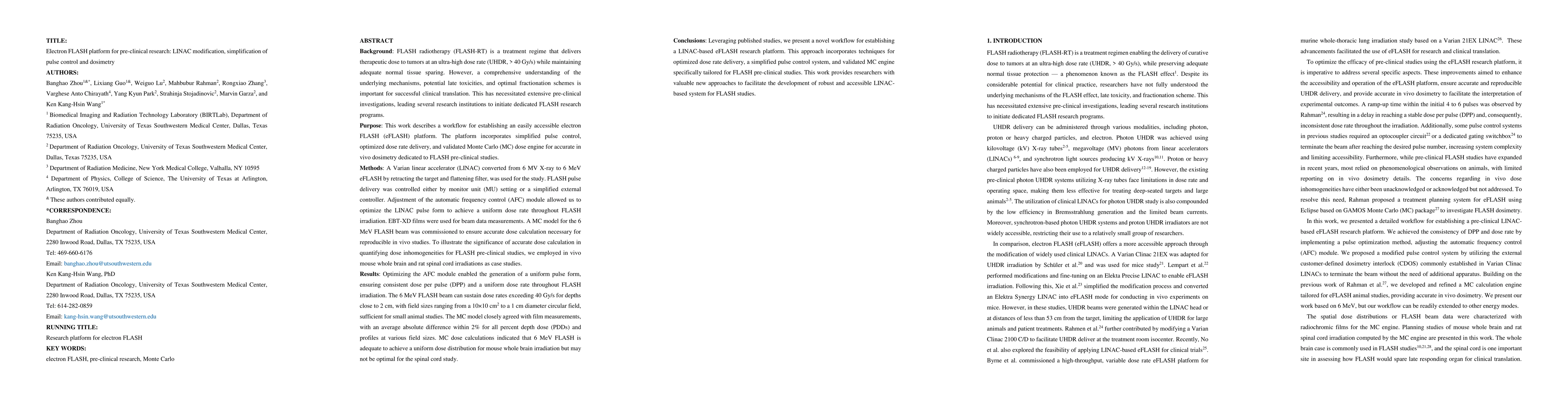 Thumbnail for Electron FLASH platform for pre-clinical research: LINAC modification,
  simplification of pulse control and dosimetry