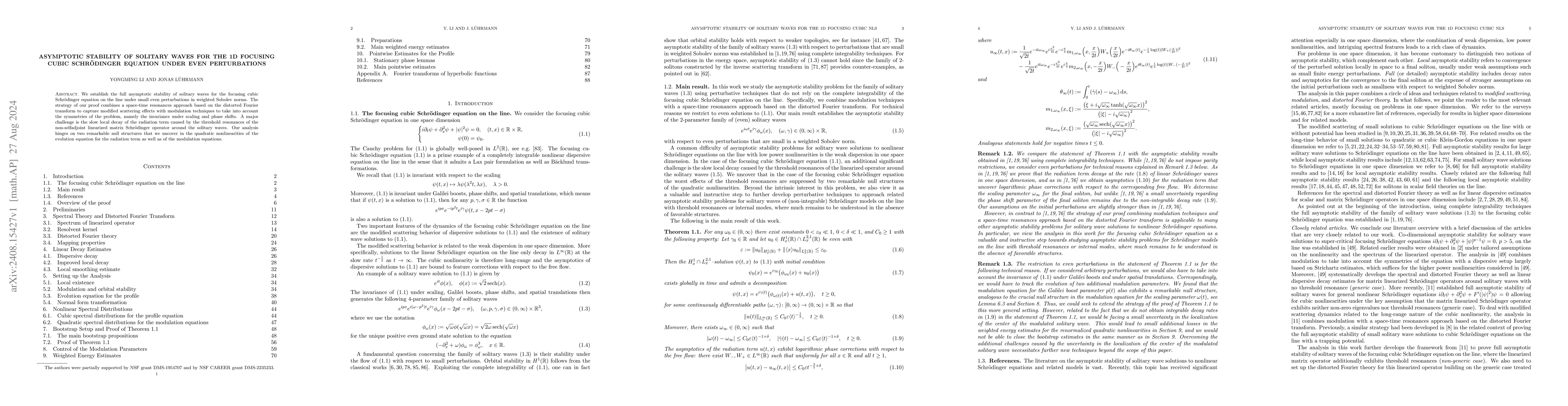 Thumbnail for Asymptotic stability of solitary waves for the 1D focusing cubic
  Schrödinger equation under even perturbations