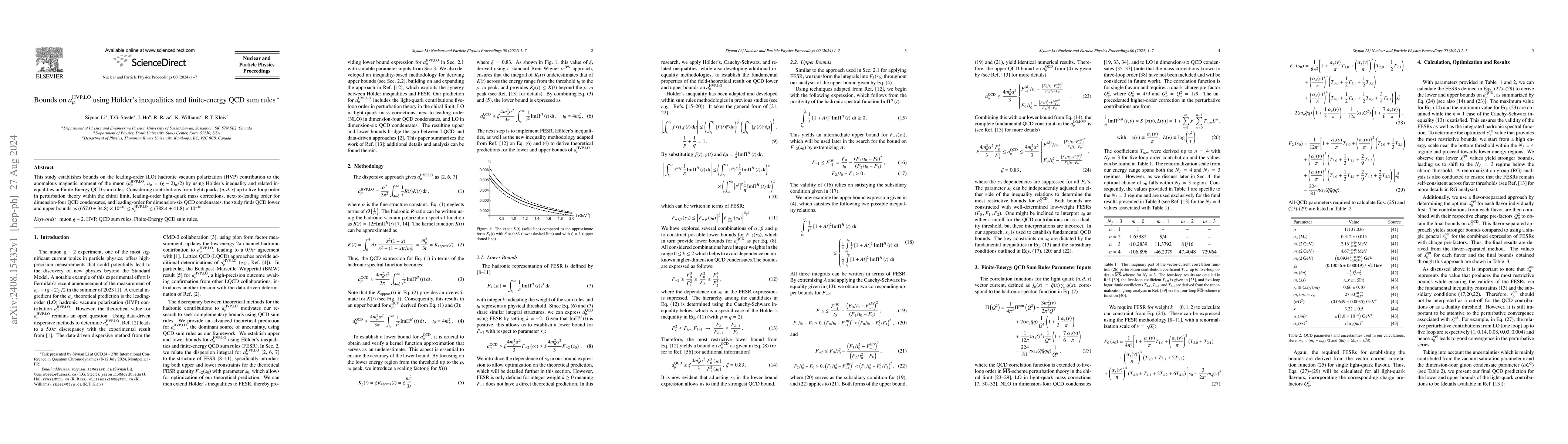 Thumbnail for Bounds on $a_μ^{\mathrm{HVP,LO}}$ using Hölder's inequalities and
  finite-energy QCD sum rules