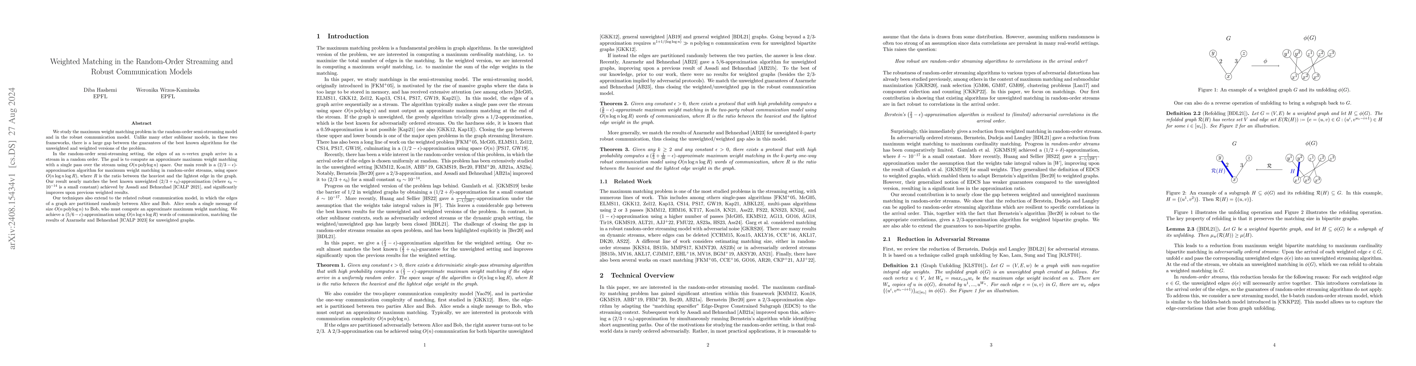 Thumbnail for Weighted Matching in the Random-Order Streaming and Robust Communication
  Models