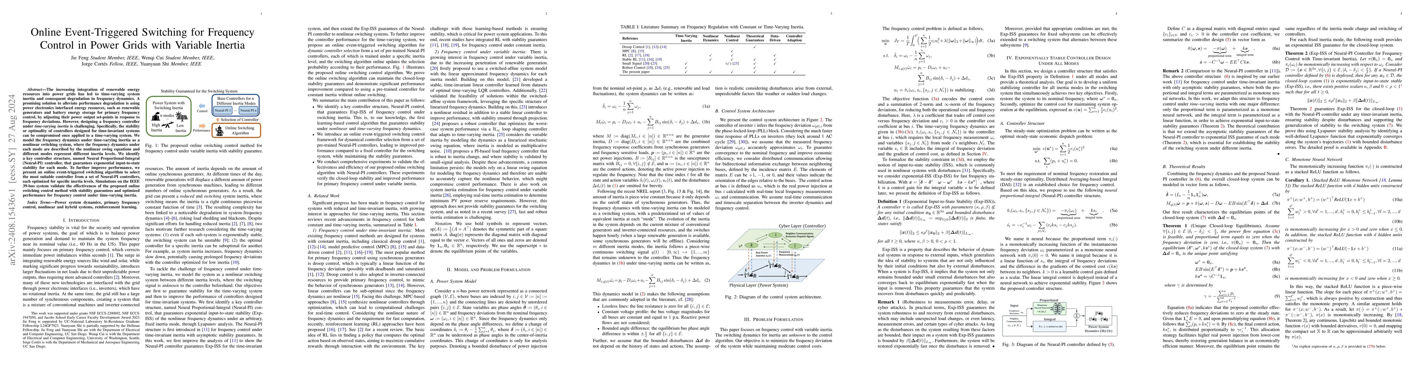 Thumbnail for Online Event-Triggered Switching for Frequency Control in Power Grids
  with Variable Inertia