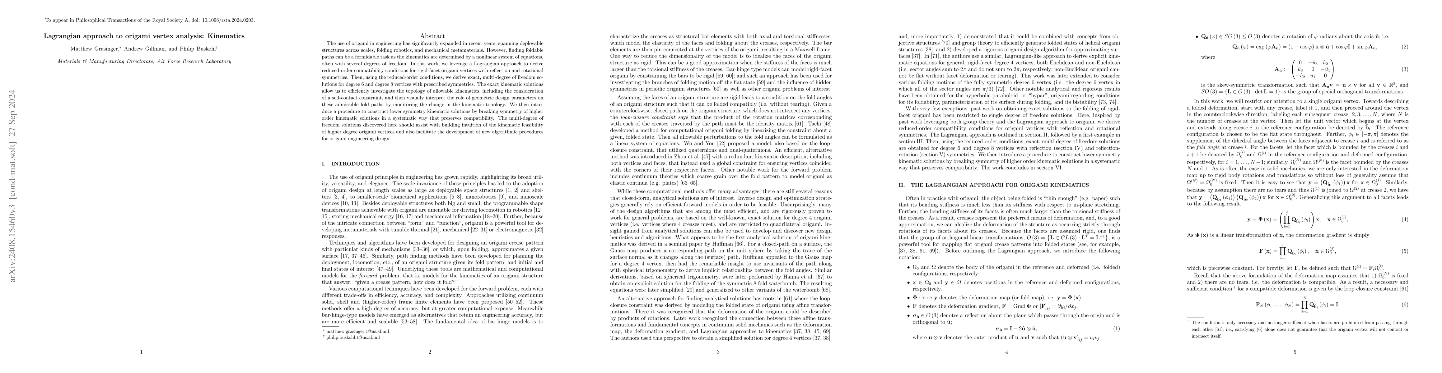 Thumbnail for Lagrangian approach to origami vertex analysis: Kinematics