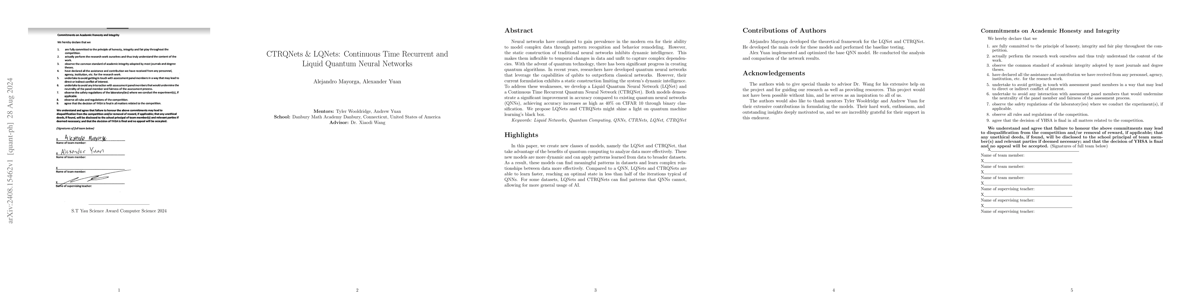 Thumbnail for CTRQNets & LQNets: Continuous Time Recurrent and Liquid Quantum Neural
  Networks
