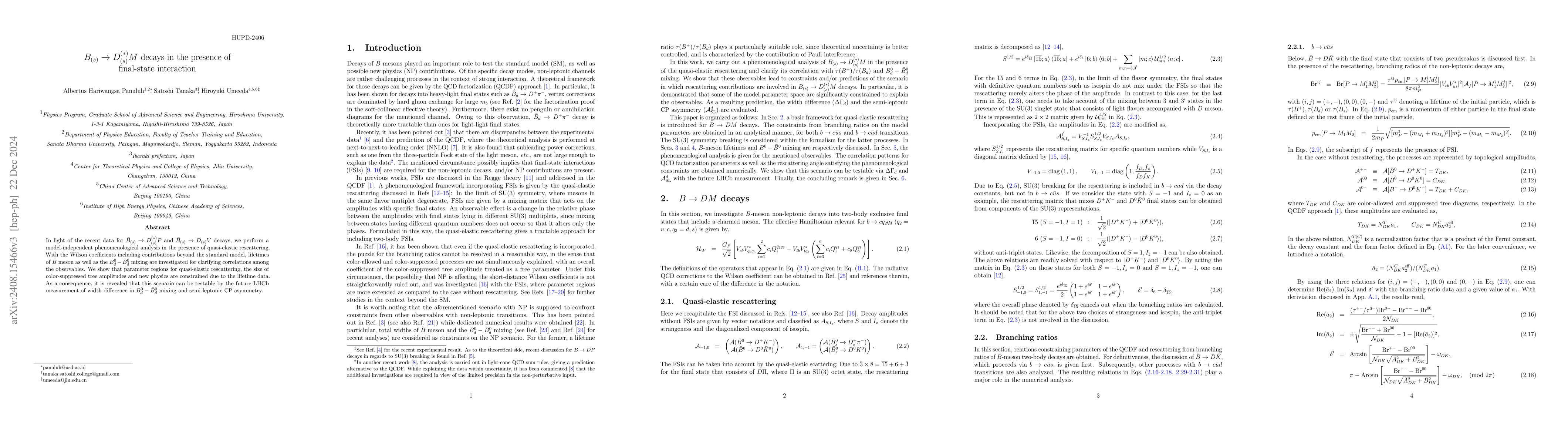 Thumbnail for $B_{(s)}\to D_{(s)}^{(*)}M$ decays in the presence of final-state
  interaction