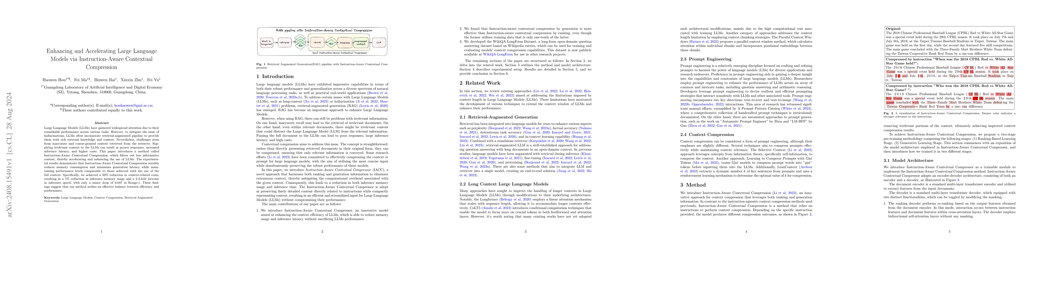 Thumbnail for Enhancing and Accelerating Large Language Models via Instruction-Aware
  Contextual Compression