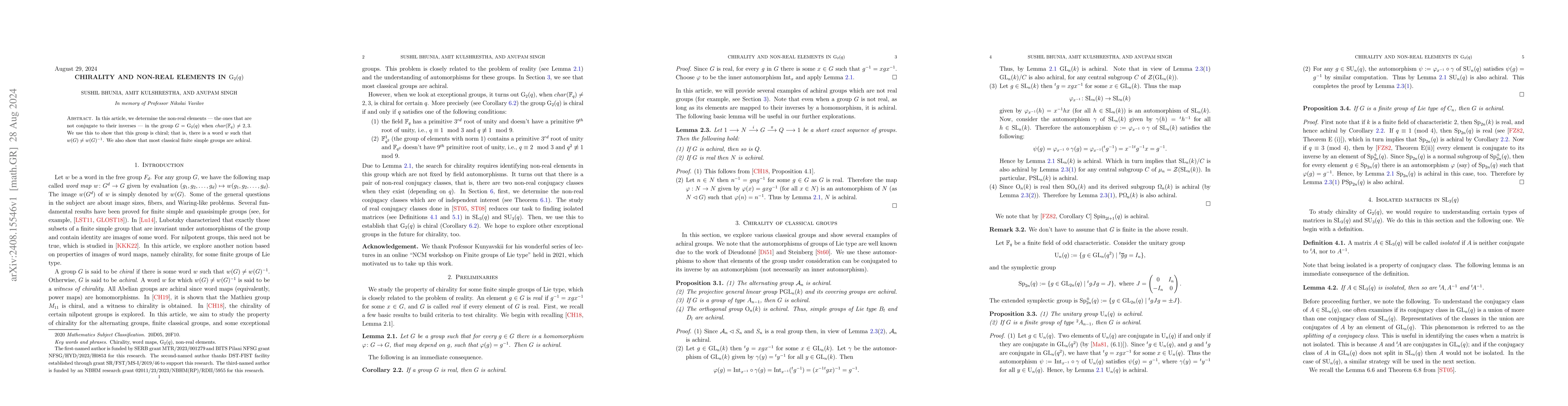 Thumbnail for Chirality and non-real elements in $G_2(q)$