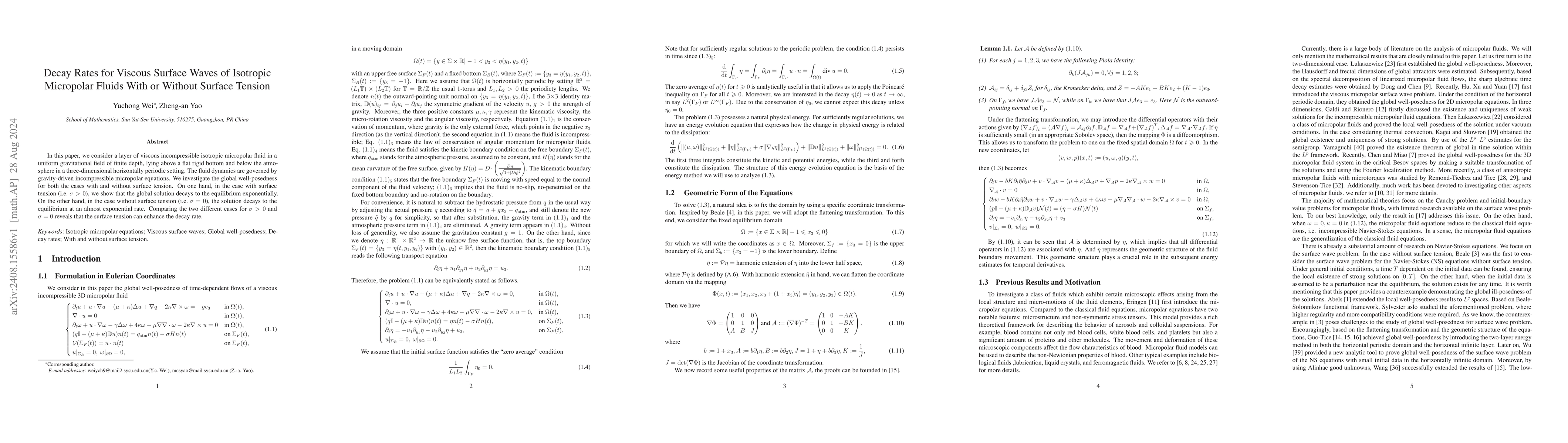 Thumbnail for Decay Rates for Viscous Surface Waves of Isotropic Micropolar Fluids
  With or Without Surface Tension