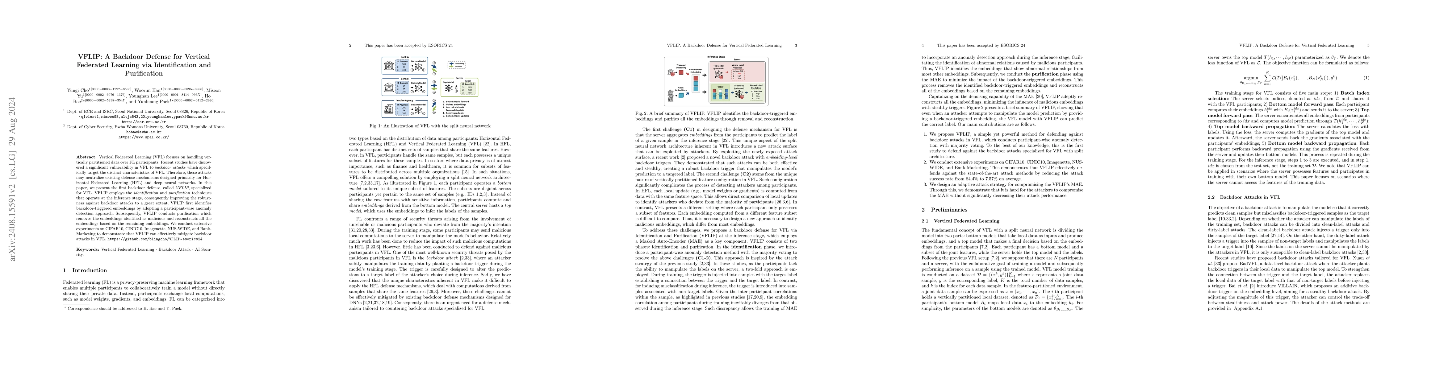 Thumbnail for VFLIP: A Backdoor Defense for Vertical Federated Learning via
  Identification and Purification
