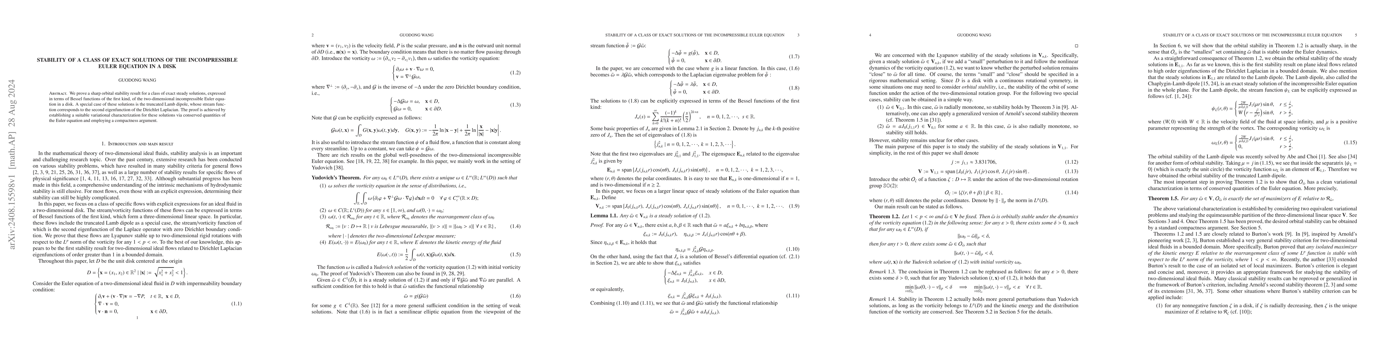 Thumbnail for Stability of a class of exact solutions of the incompressible Euler
  equation in a disk