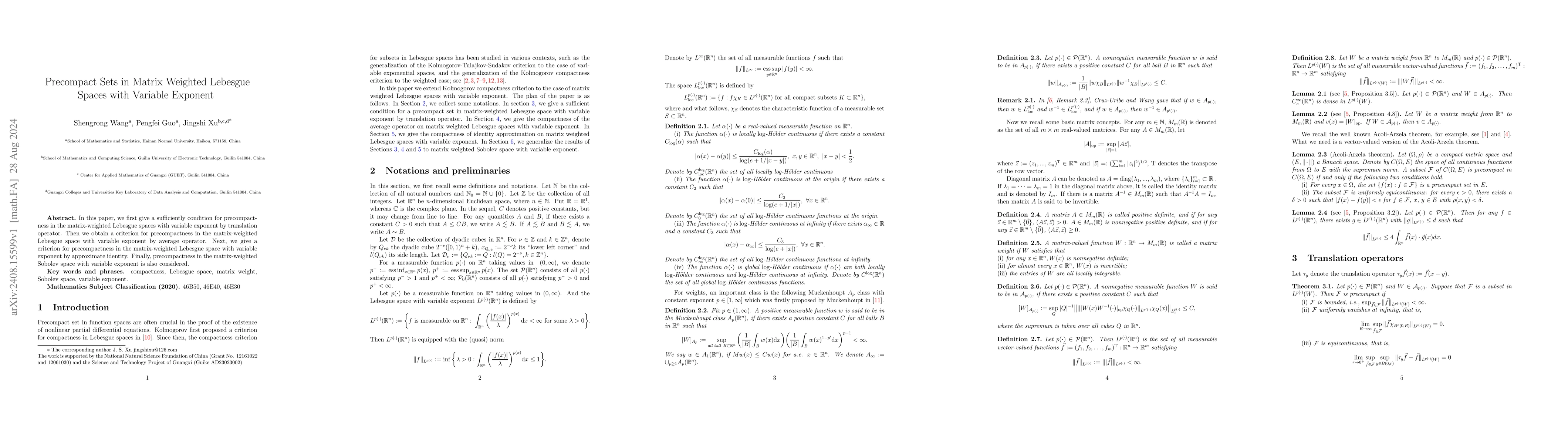 Thumbnail for Precompact Sets in Matrix Weighted Lebesgue Spaces with Variable
  Exponent