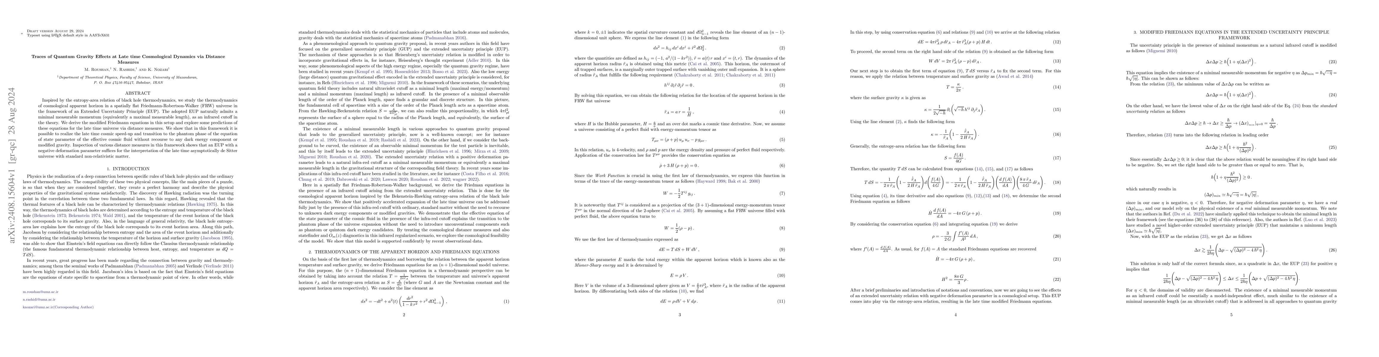 Thumbnail for Traces of Quantum Gravity Effects at Late time Cosmological Dynamics via
  Distance Measures