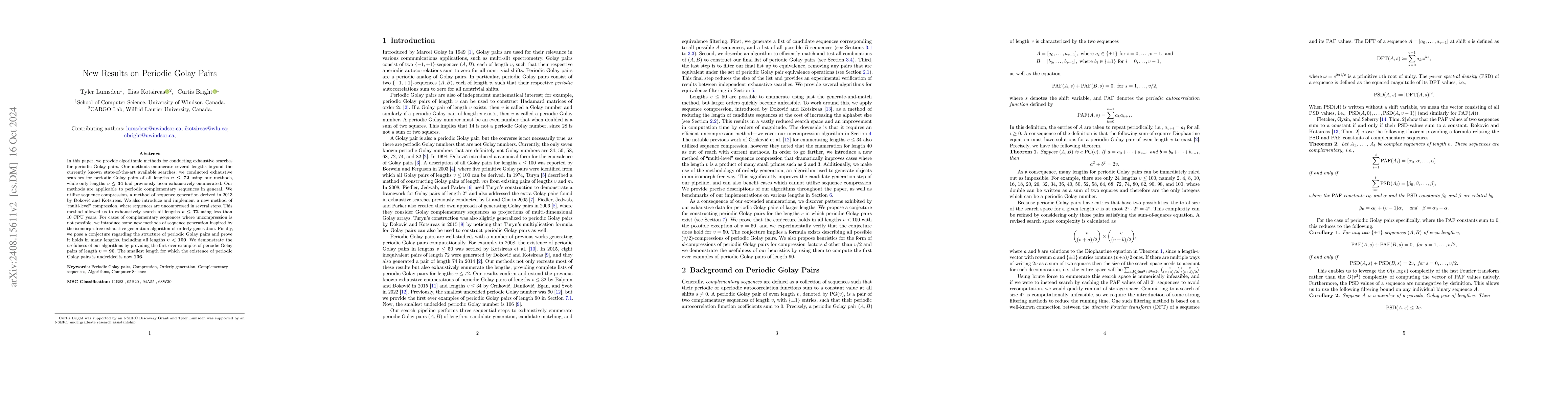 Thumbnail for New Results on Periodic Golay Pairs