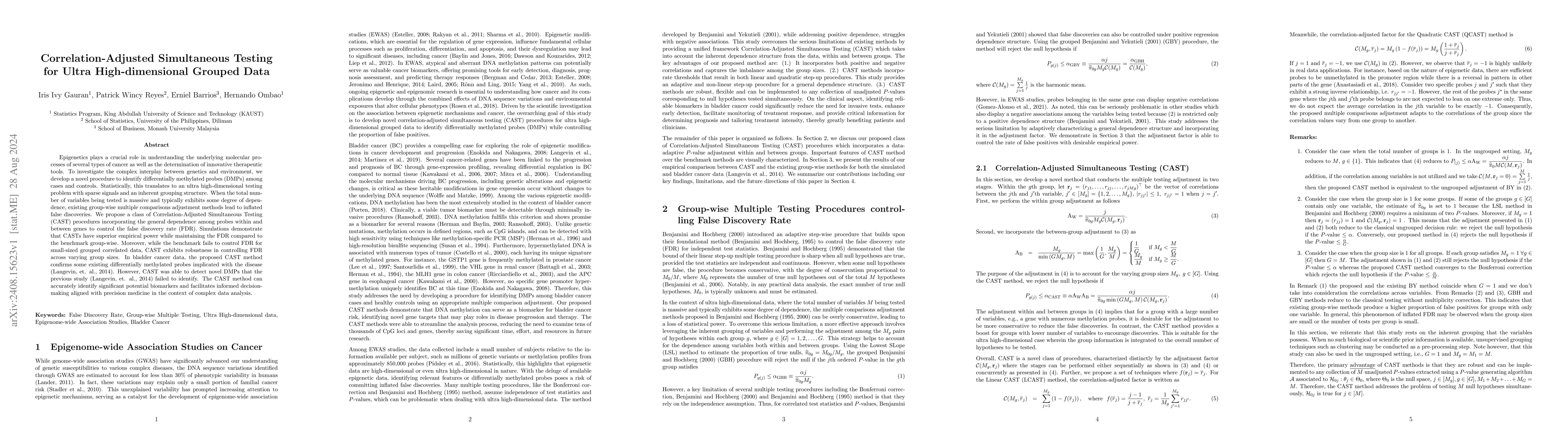 Thumbnail for Correlation-Adjusted Simultaneous Testing for Ultra High-dimensional
  Grouped Data