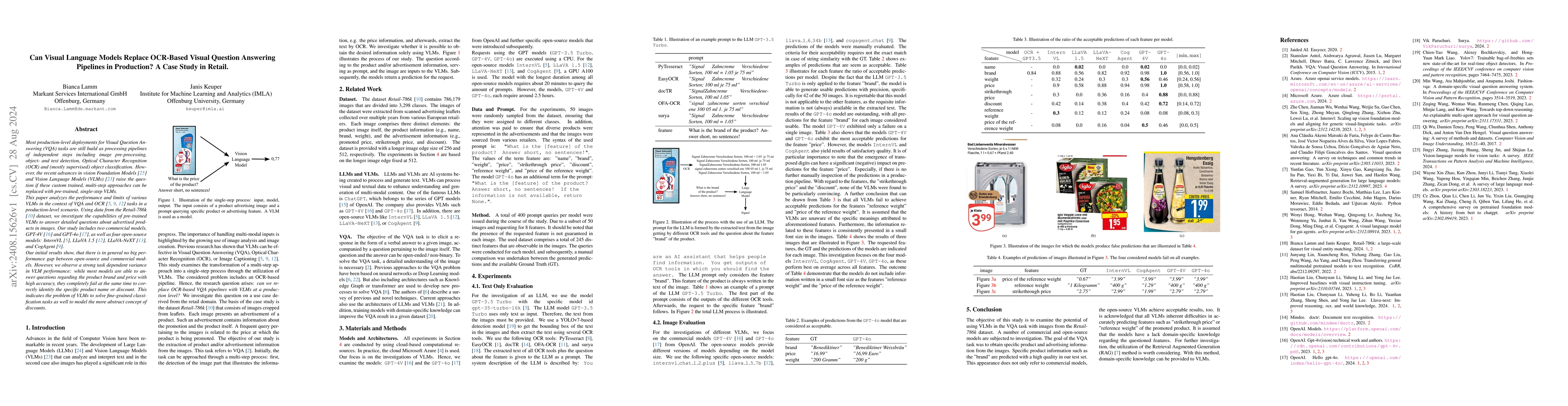 Thumbnail for Can Visual Language Models Replace OCR-Based Visual Question Answering
  Pipelines in Production? A Case Study in Retail