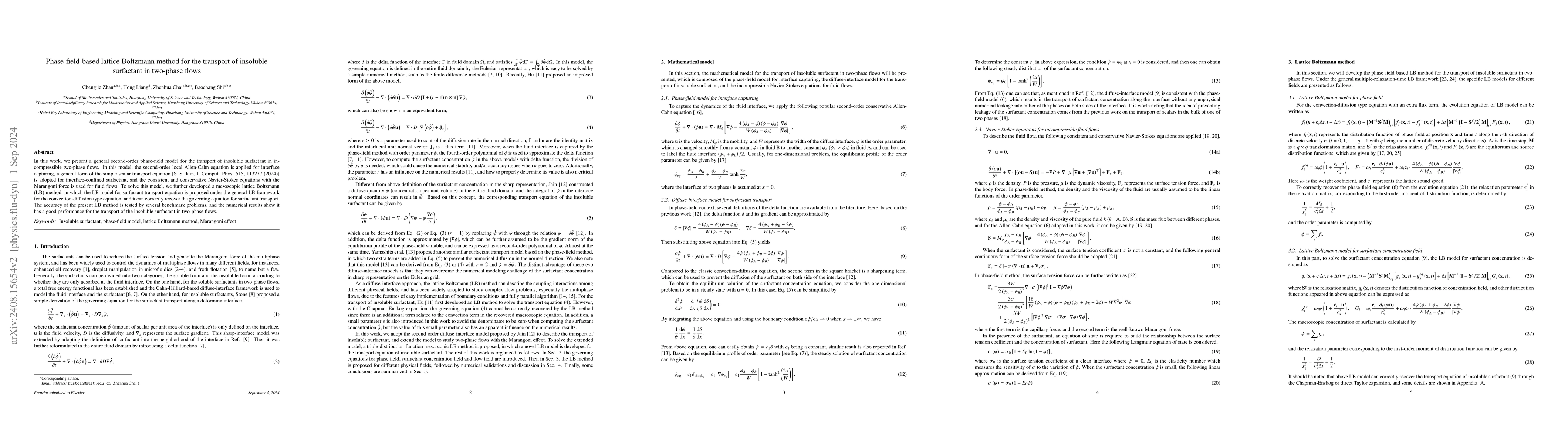 Thumbnail for Phase-field-based lattice Boltzmann method for the transport of
  insoluble surfactant in two-phase flows