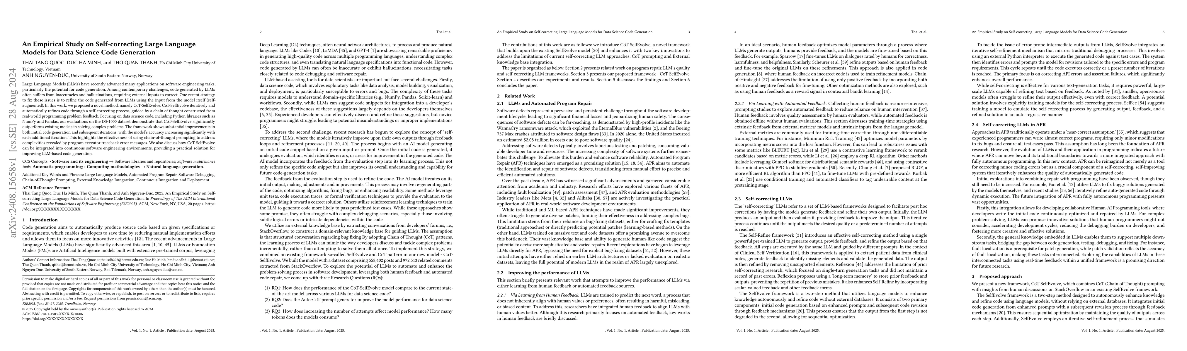 Thumbnail for An Empirical Study on Self-correcting Large Language Models for Data
  Science Code Generation