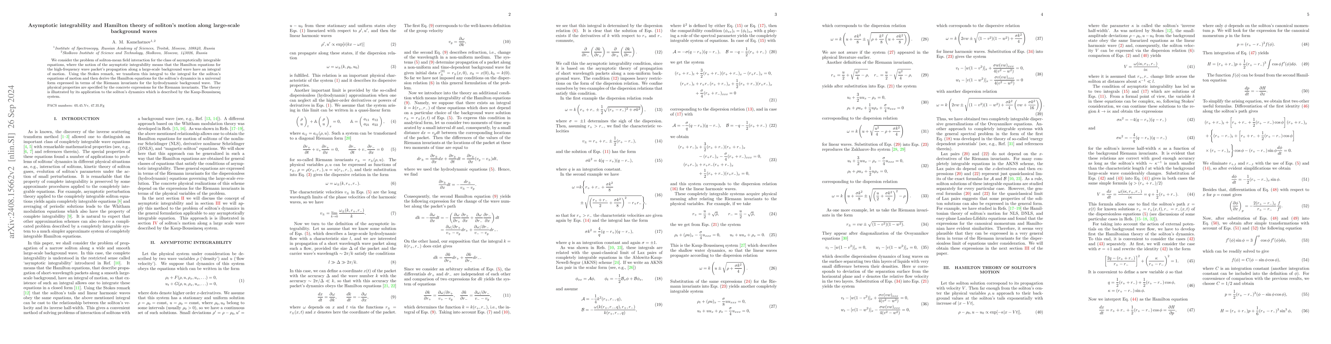 Thumbnail for Asymptotic integrability and Hamilton theory of soliton's motion along
  large-scale background waves