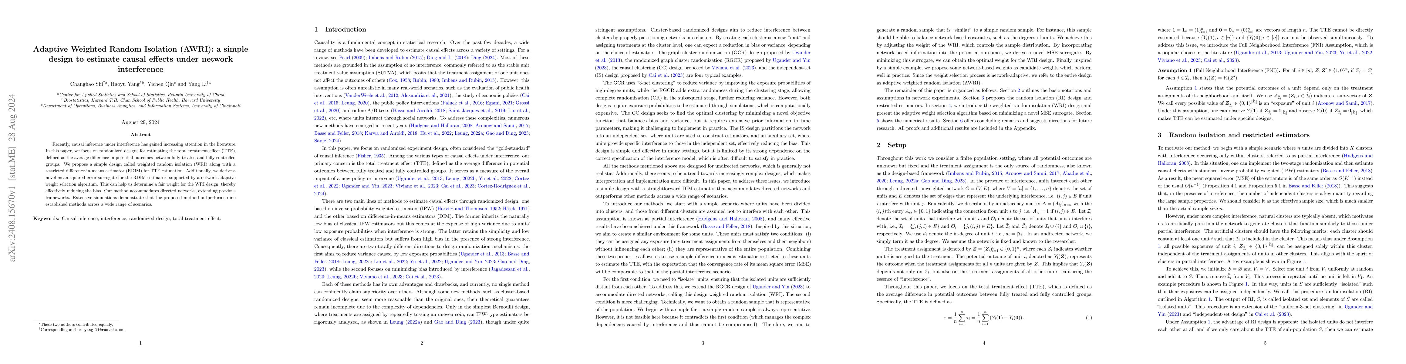 Thumbnail for Adaptive Weighted Random Isolation (AWRI): a simple design to estimate
  causal effects under network interference
