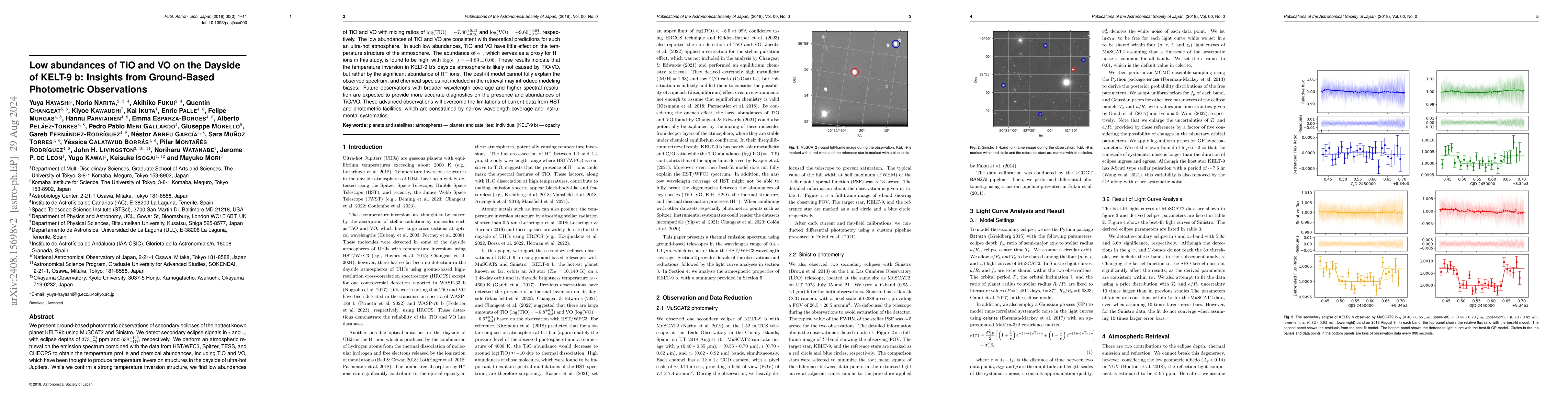 Thumbnail for Low abundances of TiO and VO on the Dayside of KELT-9 b: Insights from
  Ground-Based Photometric Observations