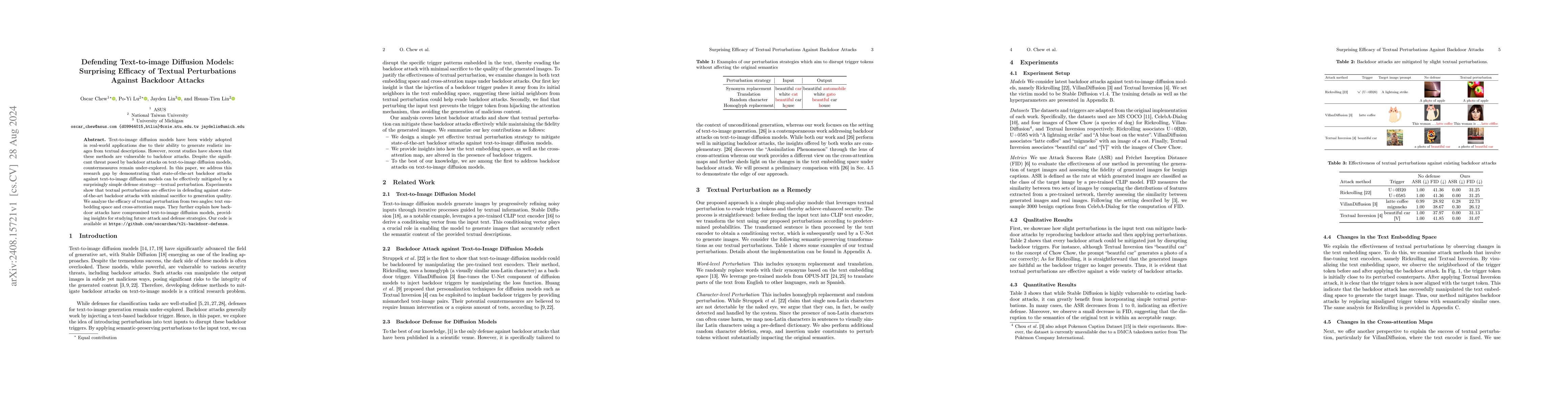 Thumbnail for Defending Text-to-image Diffusion Models: Surprising Efficacy of Textual
  Perturbations Against Backdoor Attacks