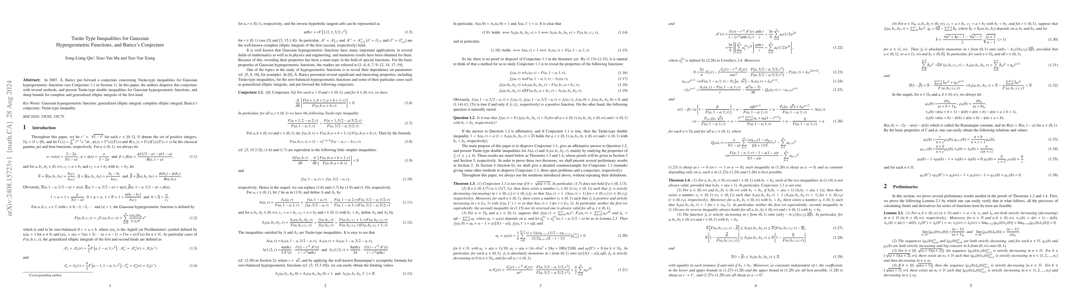 Thumbnail for Turán-Type Inequalities for Gaussian Hypergeometric Functions, and
  Baricz's Conjecture