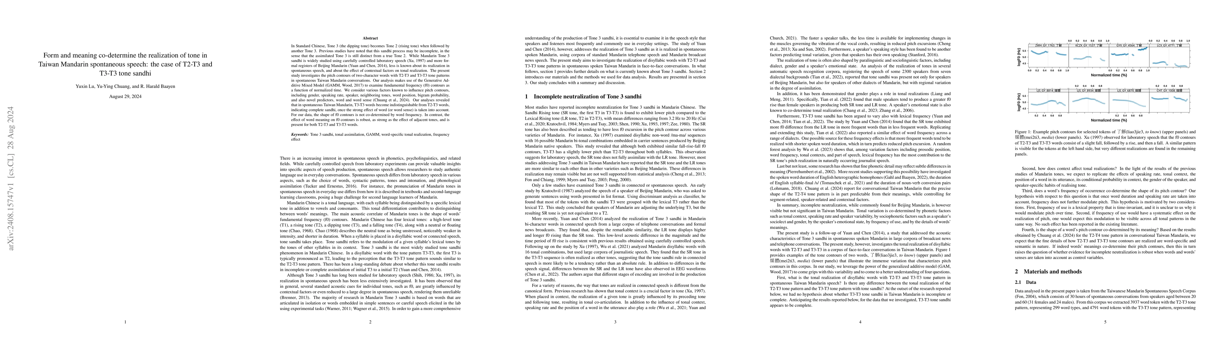 Thumbnail for Form and meaning co-determine the realization of tone in Taiwan Mandarin
  spontaneous speech: the case of Tone 3 sandhi