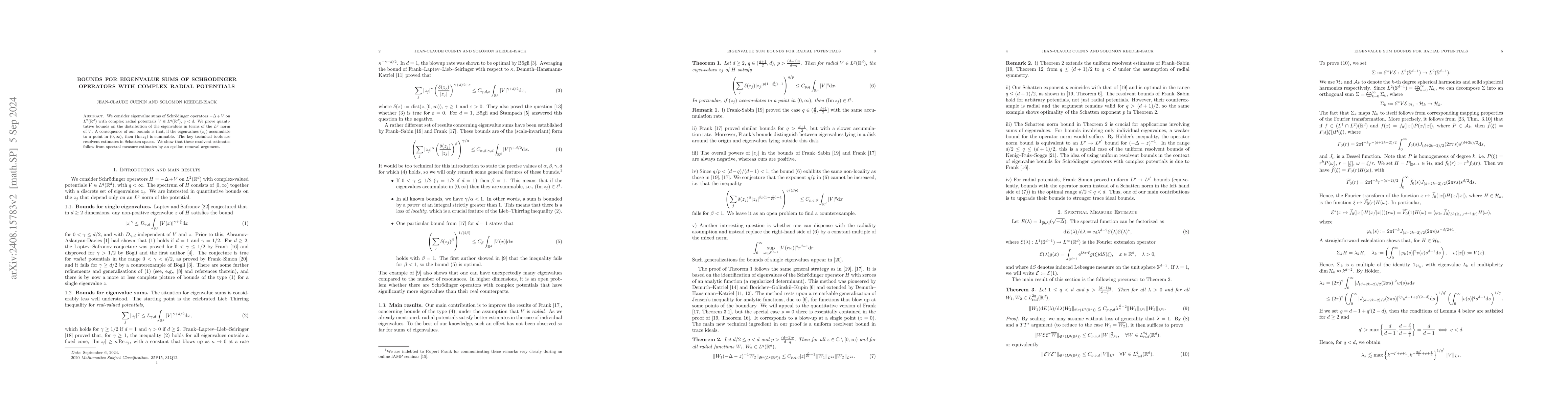 Thumbnail for Bounds for Eigenvalue Sums of Schrödinger Operators with Complex
  Radial Potentials