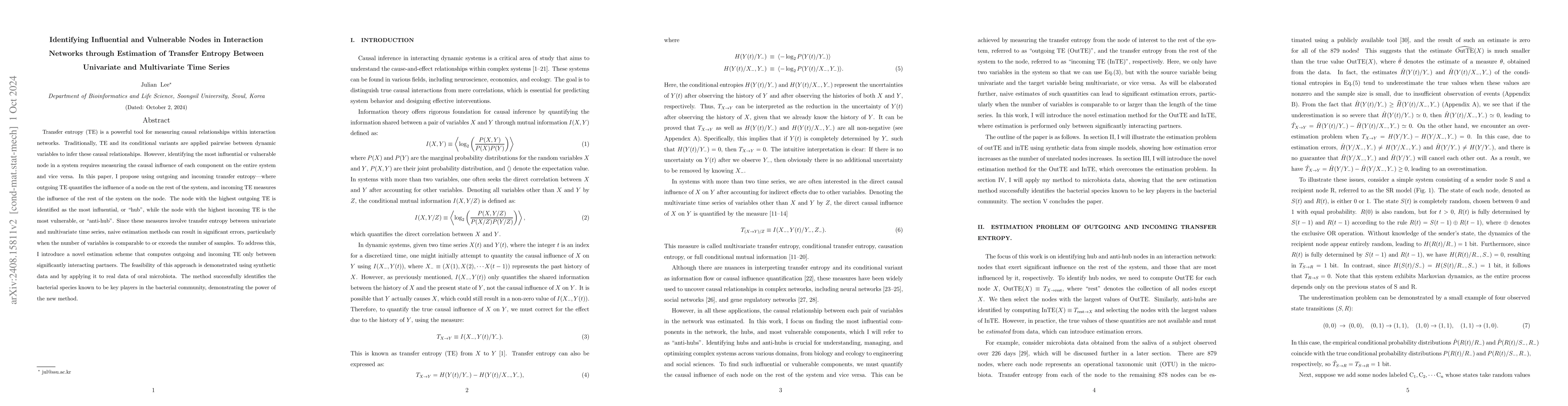 Thumbnail for Identifying Influential and Vulnerable Nodes in Interaction Networks
  through Estimation of Transfer Entropy Between Univariate and Multivariate
  Time Series