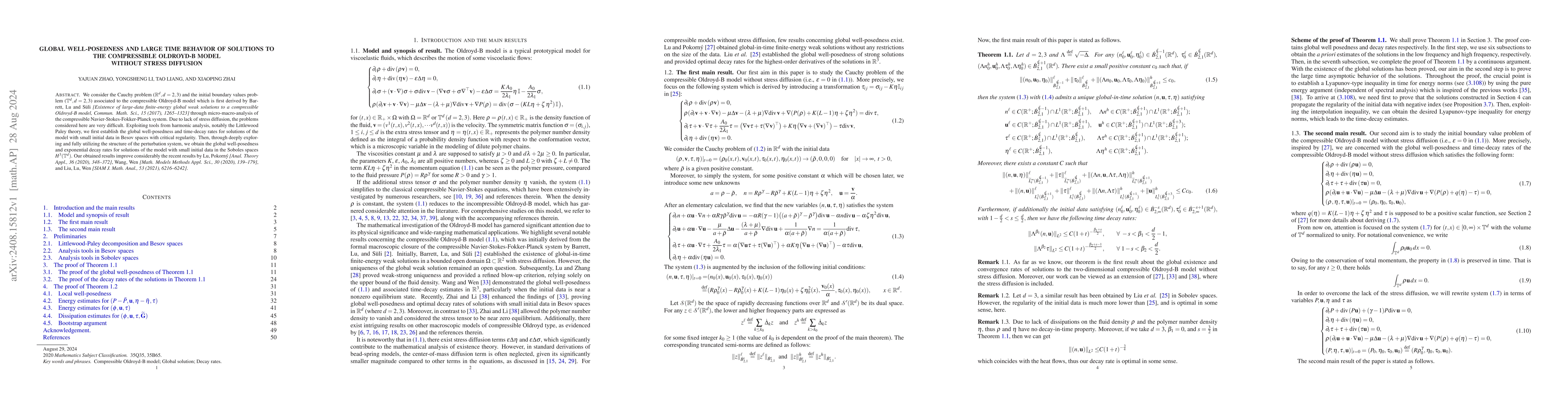 Thumbnail for Global well-posedness and large time behavior of solutions to the
  compressible Oldroyd-B model without stress diffusion