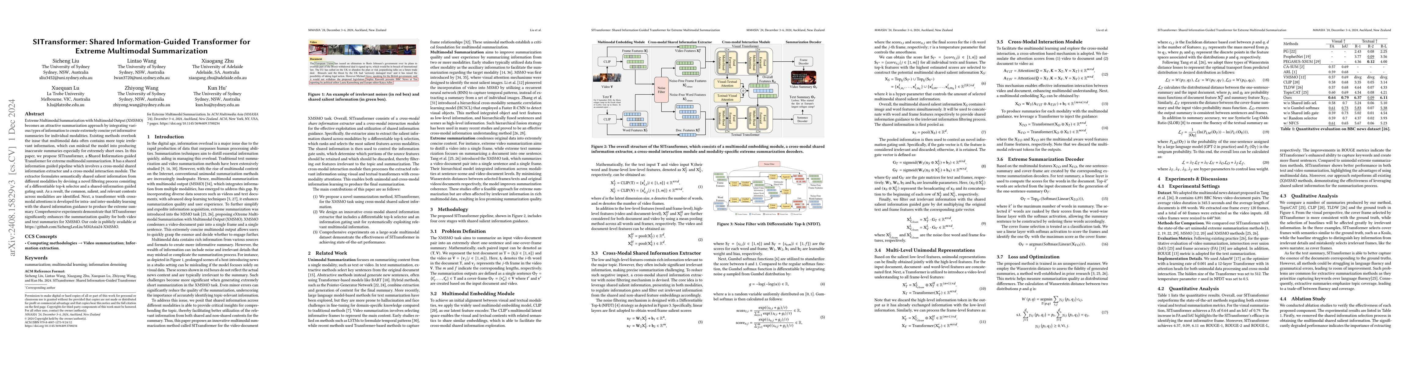 Thumbnail for SITransformer: Shared Information-Guided Transformer for Extreme
  Multimodal Summarization