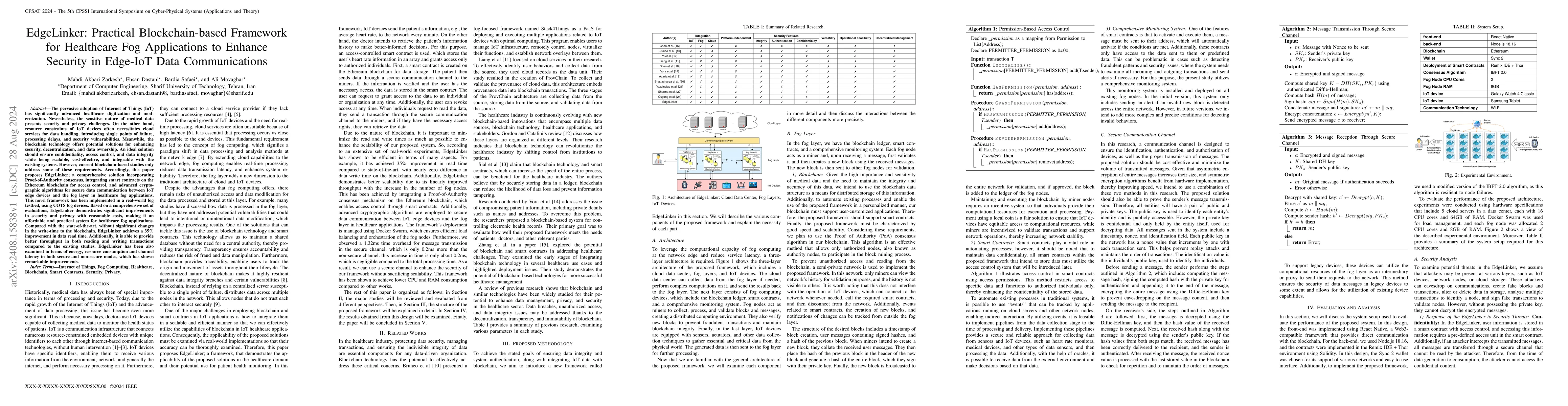 Thumbnail for EdgeLinker: Practical Blockchain-based Framework for Healthcare Fog
  Applications to Enhance Security in Edge-IoT Data Communications