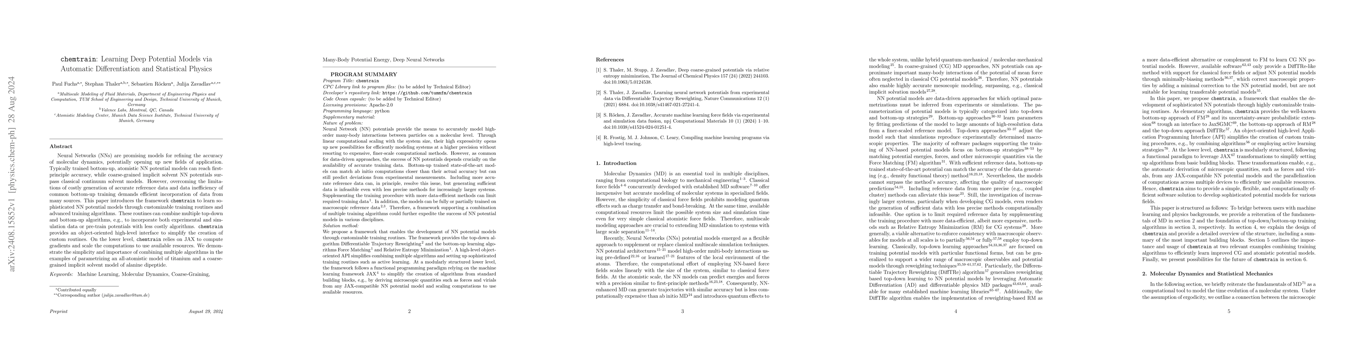 Thumbnail for chemtrain: Learning Deep Potential Models via Automatic Differentiation
  and Statistical Physics