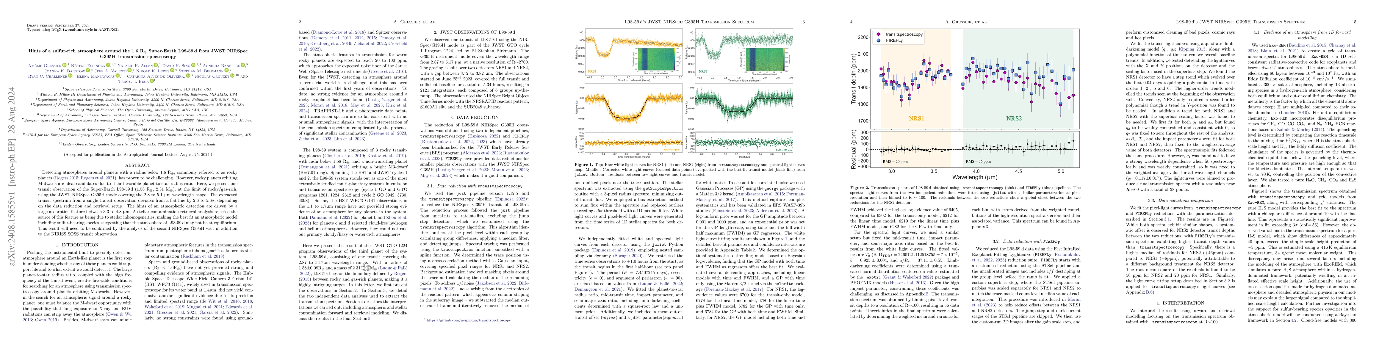 Thumbnail for Hints of a sulfur-rich atmosphere around the 1.6 R$_{\oplus}$
  Super-Earth L98-59 d from JWST NIRSpec G395H transmission spectroscopy