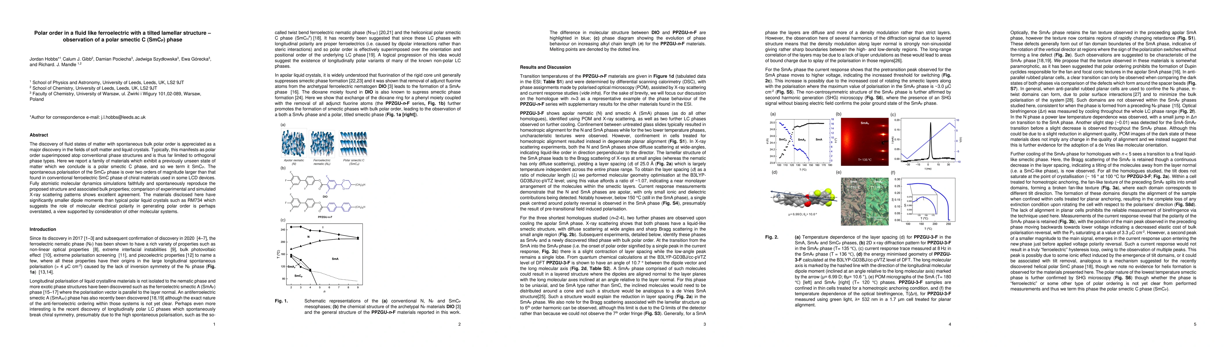 Thumbnail for Polar order in a fluid like ferroelectric with a tilted lamellar
  structure -- observation of a polar smectic C (SmC${_\textrm{P}}$) phase