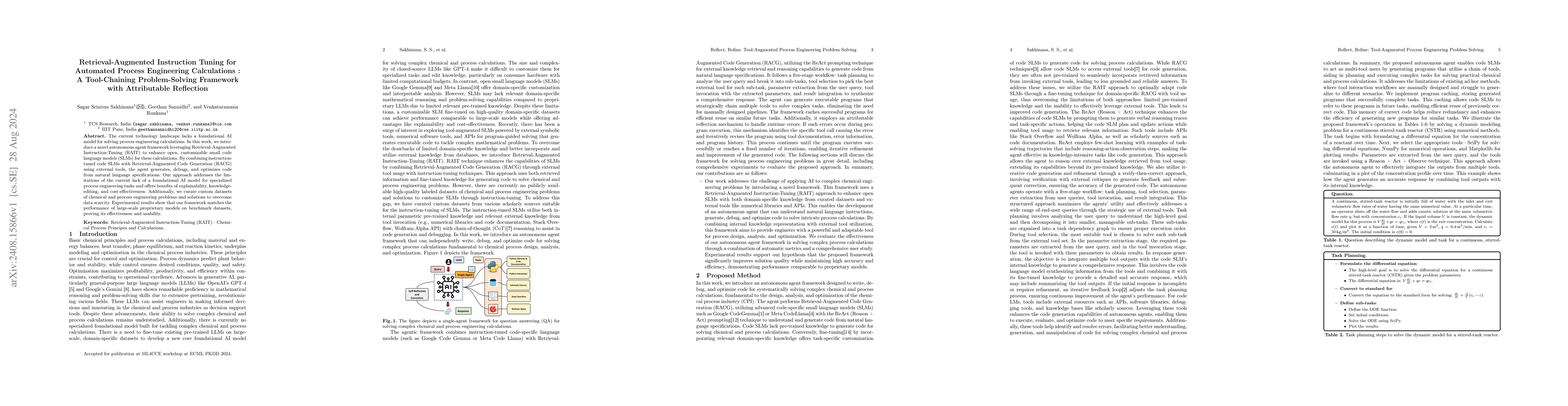 Thumbnail for Retrieval-Augmented Instruction Tuning for Automated Process Engineering
  Calculations : A Tool-Chaining Problem-Solving Framework with Attributable
  Reflection